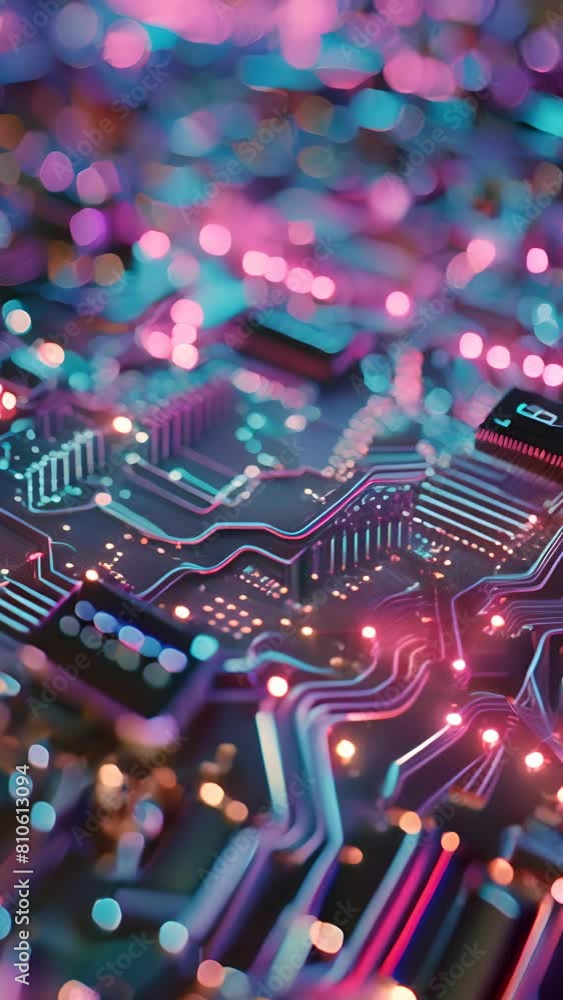 Poster a close up of a computer chip with a purple and blue color scheme. concept of technology and innovat