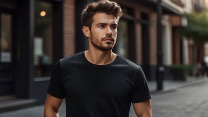Fototapeta premium Young Model Shirt Mockup: Boy Wearing Black T-Shirt in Daylight.