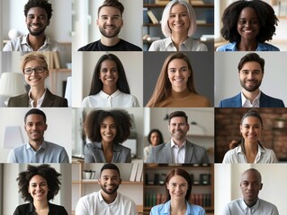 Many happy diverse ethnicity different young and old people group head shots in collage mosaic collection. Lot of smiling multicultural faces looking at camera
