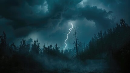 A dramatic, night shot of a lightning storm over a dark, forest landscape.