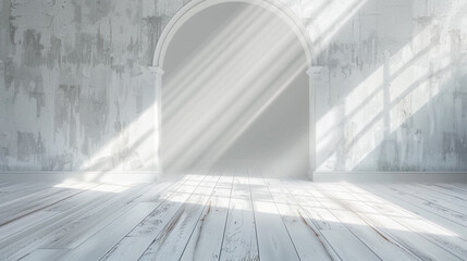 Obraz premium Sunny 3D living area with white wooden flooring and a curved entrance.