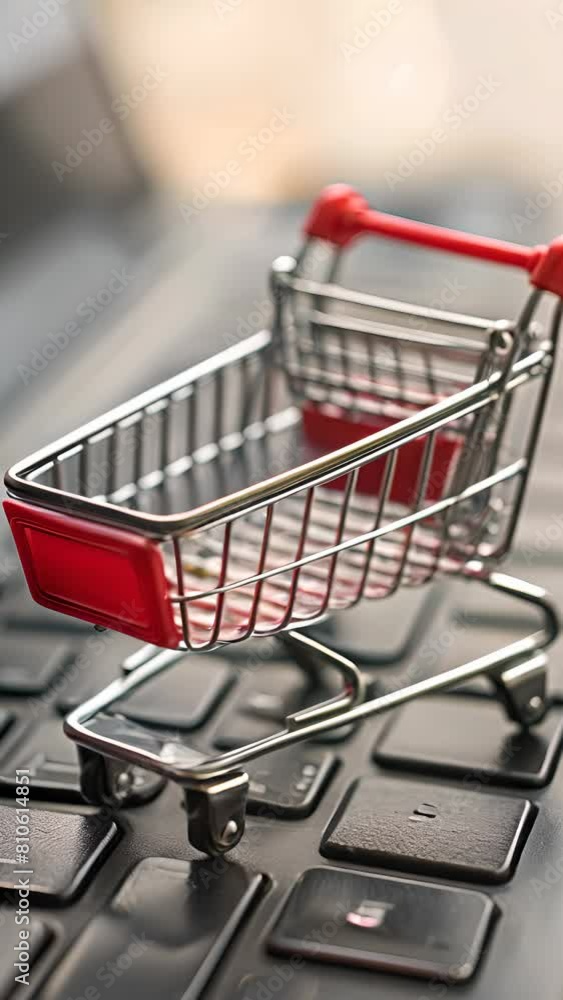 Poster a shopping cart is on a keyboard. the cart is red and silver. the cart is on the keyboard in a way t