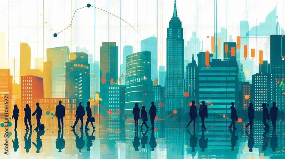 Poster dynamic graph displaying growth trends superimposed on energetic business professionals and soaring 