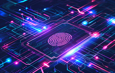 Concept Protect personal data. Security system with fingerprint on cyber technology neon background