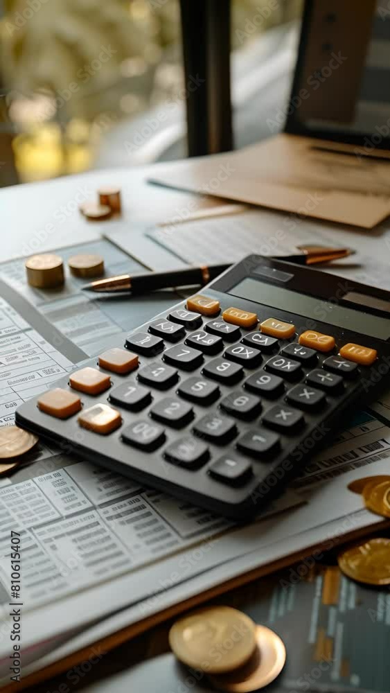 Poster a calculator sits on a table with a pile of coins and a stack of papers. the calculator is black and