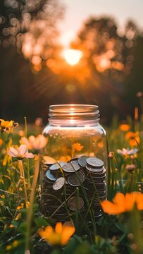 A jar filled with coins is sitting in a field of flowers. The jar is half full and the coins are scattered around it. Peaceful serene scene, with the sun shining brightly in background. Vertical video