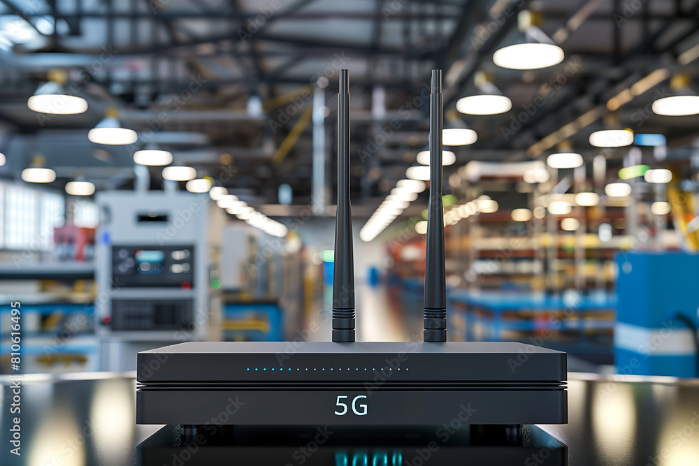 Poster 5g router with sleek design and prominent antenna array, placed prominently on a glossy surface.
