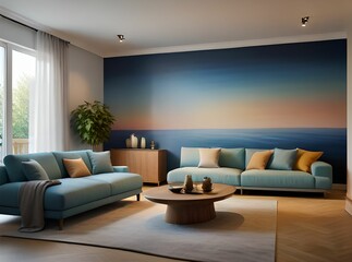 Cozy Living: Interior Design featuring a Comfortable Sofa in a Stylish Room. 3D rendering. Blue wallpaper and mint sofa