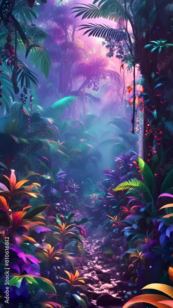 Poster a colorful jungle scene with a path through it. the colors are bright and vibrant, creating a sense 