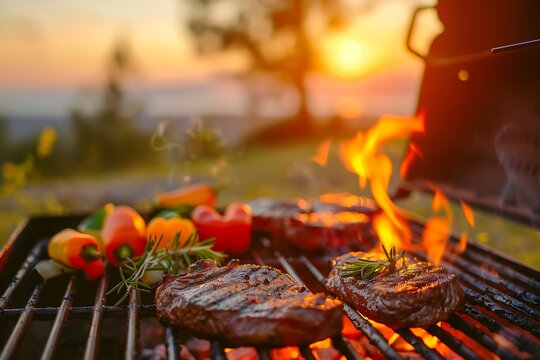 a summer BBQ scene at sunset with vibrant flames licking around sizzling steaks on a grill