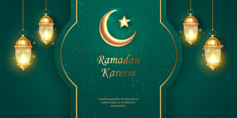 3D Islamic lantern and crescent moon star with elegant green background. suitable for Ramadan, Raya Hari, Eid al Adha Islamic holiday © Phoebe Yu