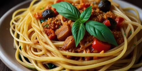 spaghetti with tomato sauce and basil