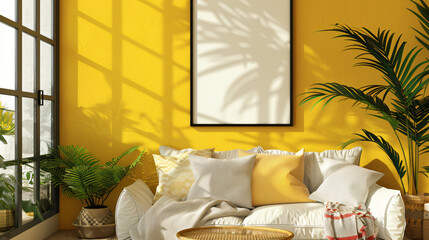 Stylish poster and table with pillows near yellow wall