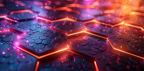 3d render of glowing neon hexagons on grunge background, blue and orange color scheme. Created with Ai 