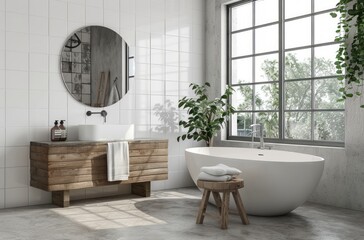 A bright bathroom with white tiles on the walls, concrete floor and light wood furniture
