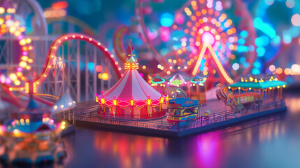 Obraz premium A whimsical carnival with fluorescent rides and attractions, vibrant, hd, with copy space