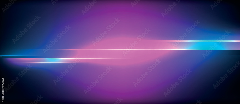 Poster A serene horizon with a glowing violet and electric blue lens flare in a dark sky, casting a calming light on a rectangular font