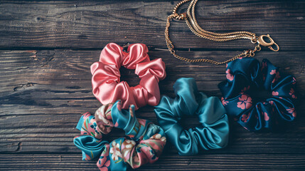 Stylish scrunchies and necklace on wooden background -