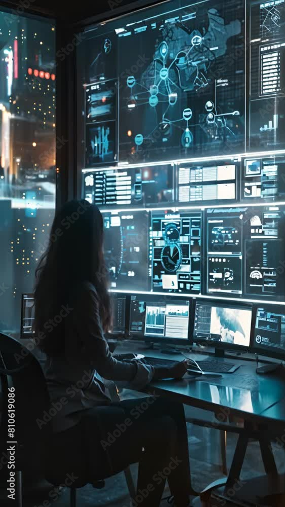 Poster a woman is sitting at a computer desk with a monitor displaying a lot of data. concept of focus and 