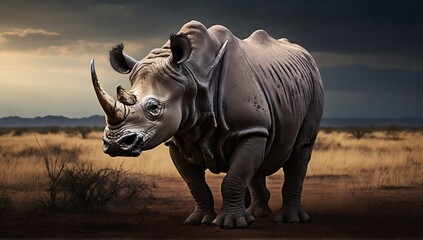 Fototapeta premium very dashing rhino in the savanna, close up rhino, rhino portrait, made with AI generative