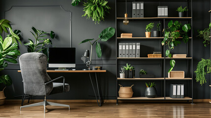 office interior. Sleek Industrial Design: Dark Open Space Living Room with Metal Rack, Grey Armchair, and Botanical Accents - Study Corner with Hairpin Desk and Monitor