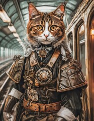 スチームパンク世界の駅の前に立つ冒険家の猫