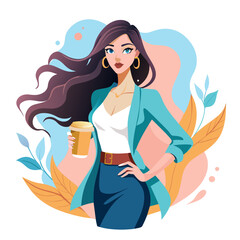 Beautiful Girl with Coffee Plastic Cup colorful watercolor illustration