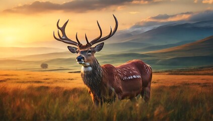 deer with big antlers in the savanna, close up deer, deer portrait, made with AI generative
