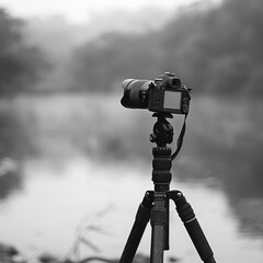 A black and white photo of a camera on a tripod, pointed at a vast mountain landscape.

