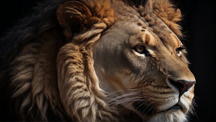 Very dashing lion in the savanna, close up lion, lion portrait, made with AI generative