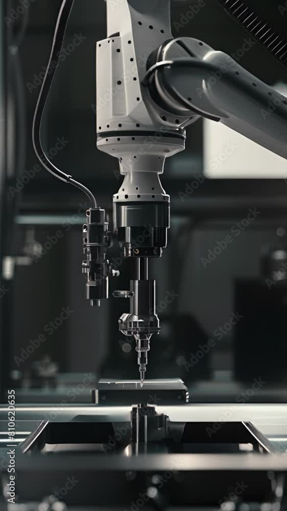 Poster a robotic arm in a factory setting, focusing on precision machining of metal components with a moder