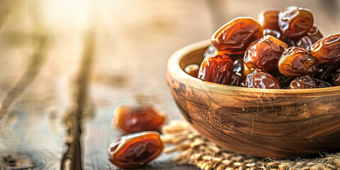 dates in wooden bowl on rustic table, generative AI