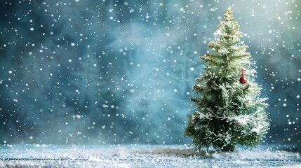 Beautiful Christmas and New Year's background with decorated Christmas tree in fluffy snowdrifts...