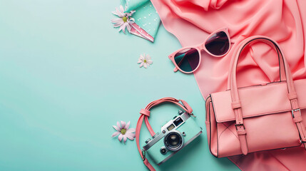 Stylish sunglasses handkerchief bag and photo camera o