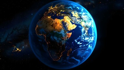 Obraz premium Nighttime view of Earth from space with illuminated cities and human activity. Concept Space Exploration, Earth's Night View, City Lights, Human Activity, Illuminated Cities