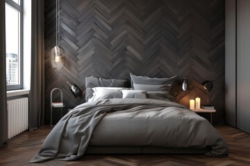 A dark wood herringbone wall behind the bed creates an elegant and sophisticated atmosphere in the modern bedroom interior design