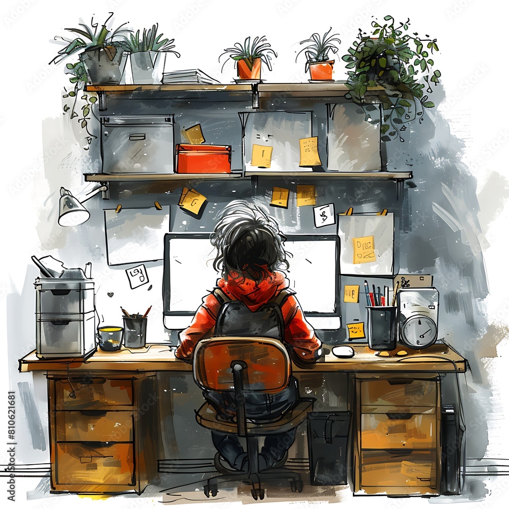 Poster a cartoon-like drawing of a person working on the computer in front of a office background