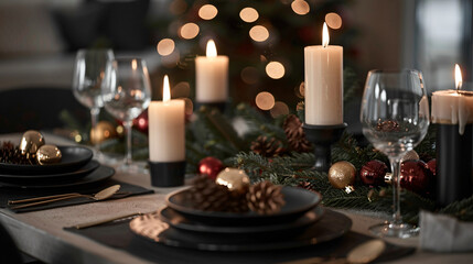 Fototapeta na wymiar Stylish table setting with burning candles and Christm