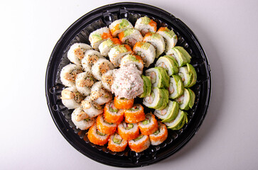 sushi set on a white background. top view