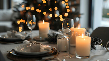 Stylish table setting with burning candles and Christm