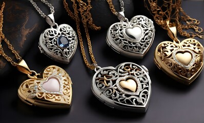 Exquisite collection lockets and pendants in silver and gold tones with intricate filigree work and elaborate patterns in heart shape on dark background. Vintage romance Jewelry, timeless ... See More