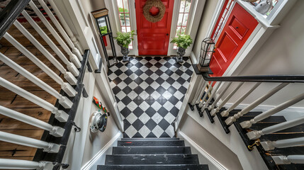 Obraz premium Top view into an entryway with checkered flooring and a striking red door.