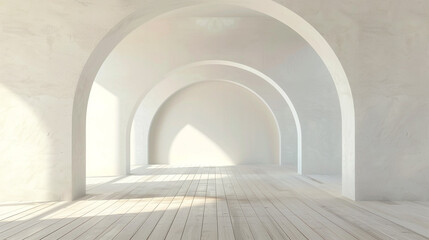 Modern gallery space with arched entry and subtle lighting on an ivory floor.