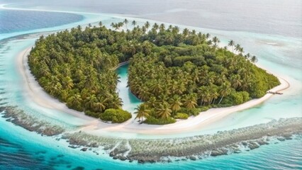 An aerial view of an island in the Maldives, with white sandy beaches and turquoise waters. 