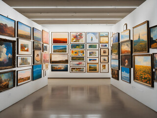 A billboard wall of art posters and framed portraits by various painters on a white wall in a museum on a wall that goes for infinity, horizon at the top of the image, digital art, 8k hdr