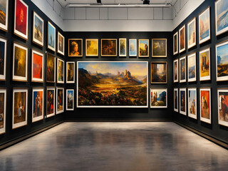 A billboard wall of art posters and framed portraits by various painters on a white wall in a museum on a wall that goes for infinity, horizon at the top of the image, digital art, 8k hdr