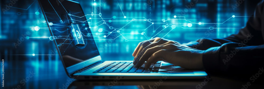 Poster cybersecurity network specialist working with laptop and digital padlock, data protection concept: c