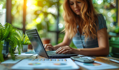Professional female accountant analyzing financial reports, laptop, office desk setting, calculator, business documents