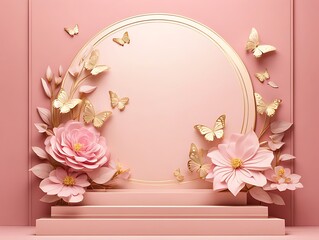  Butterfly podium background pink 3D flower pedestal rose stage cosmetic wedding platform. Background podium gold butterfly arch floral beauty spring presentation shop paper day product mockup