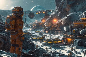 A man in an orange spacesuit stands in front of a city of buildings